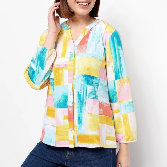 Denim & Co Printed Y-Neck Button Front Blouse  12533 - Picture 1 of 2